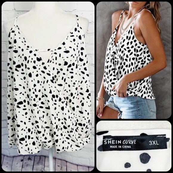 SHEIN Black & White Dalmatian Deep V-Neck Faux Wrap Sleeveless Tank Top - 3XL - Picture 1 of 9